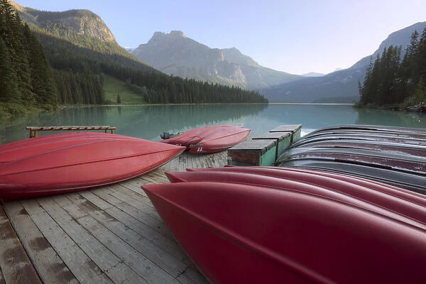 Red Canoes On A Dock, Emerald Lake, Yoho National Park, British Columbia