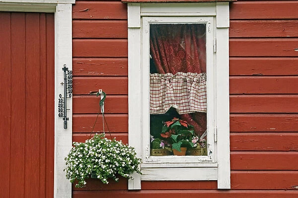 Red Wooden House With Plants In And By Window, Close Up
