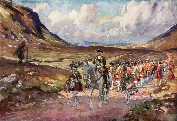 Redcoats, On The March Along Wades Road In The Highlands, Cursed By A Highlander As They Pass By. From The Illustrated London News, Christmas Number, 1933