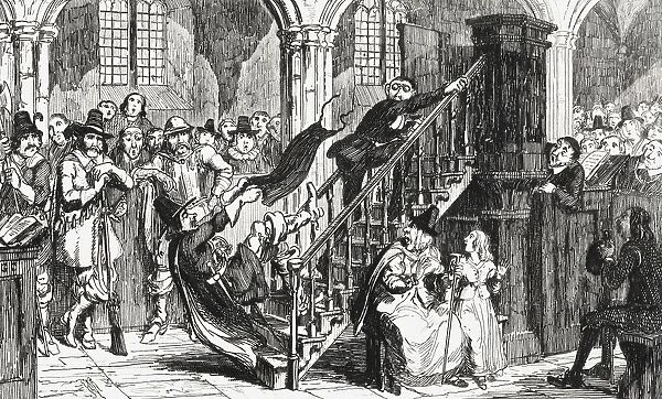 Reverend Holdenough During A Service Engraving By George Cruikshank Dated 1845 Of A Scene From Sir Walter Scotts Novel Woodstock