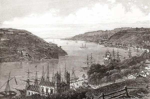 The River Douro at Porto, Portugal, seen from the gardens at the Exhibition Palace in 1865. From The Illustrated London News, published 1865