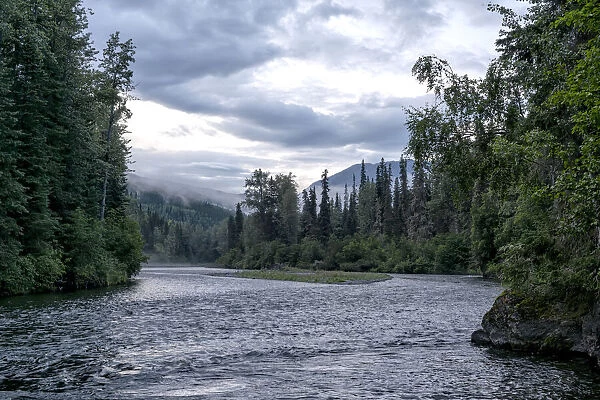 River flowing through a forest with mountains in the distance at dusk, BC, Canada