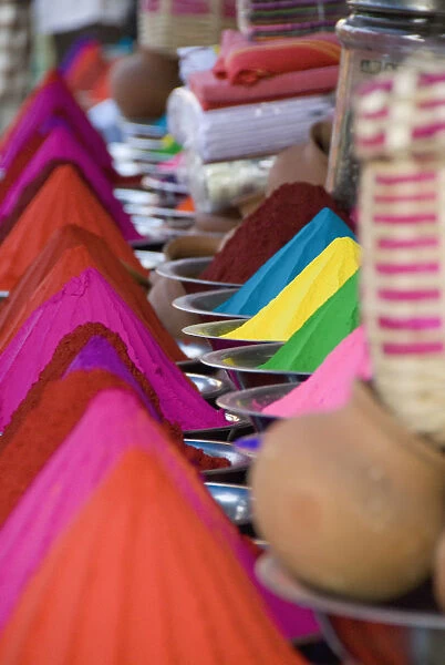 Rows Of Colorful Cone-Shaped Puga Pigment At Devaraja Market In Mysore, Karnataka, India