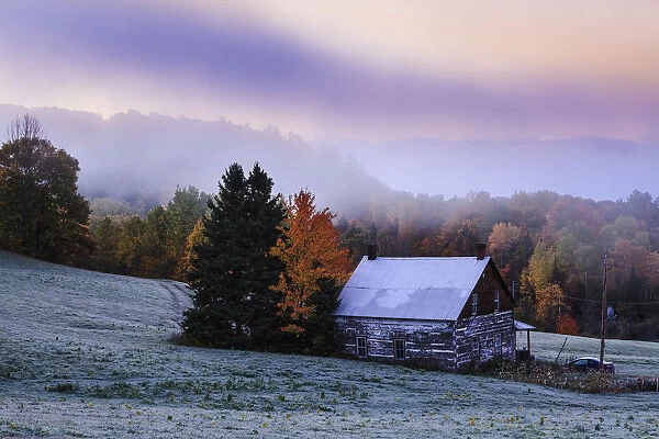 Rustic House Among Autumn Colors At Dawn; Blanche, Outaouais, Quebec, Canada