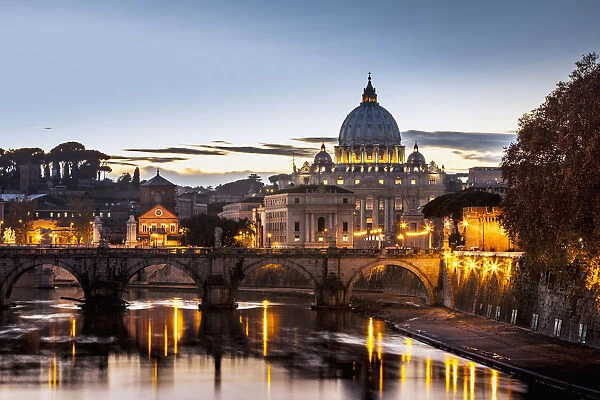 Saint Peters Basilica, The Worlds Largest Church, At Sunset; Vatican City, Italy