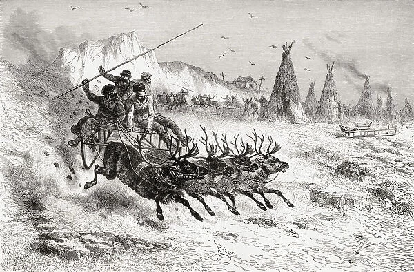 Samoyeds From Caborova, Russia On A Sleigh Pulled By Reindeer, In The 19Th Century. From El Mundo En La Mano, Published 1878