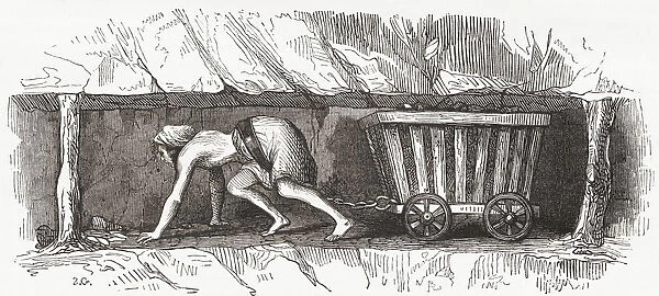 Scene Inside An English Coal Mine, Early 19th Century. A Hurrier Transporting Coal In A Corf. From Le Magasin Pittoresque, Published 1843