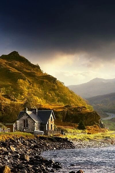Scenic Mountain View With Country House; Ardnamurchan Peninsula, Scotland, Uk