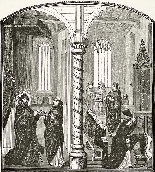 A School Of Mendicant Monks And A Pupil Being Birched From 15Th Century Miniature From Science And Literature In The Middle Ages By Paul Lacroix Published London 1878