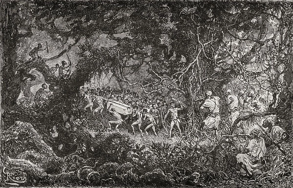 The Scouts On Sir Henry Morton Stanleys Emin Pasha Relief Expedition, In Africa In 1888, Discover Pygmies Carrying Away A Case Of Ammunition. From In Darkest Africa By Henry M. Stanley Published 1890