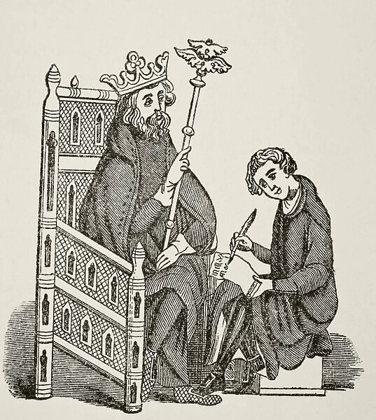 Scribe Writing Letter For A King Seated In A Library Chair. Fourteenth Century. From The National And Domestic History Of England By William Aubrey Published London Circa 1890