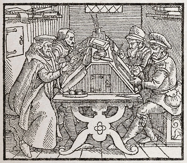 Scribes At Work During The Tudor Period In England. From A Contemporary Print