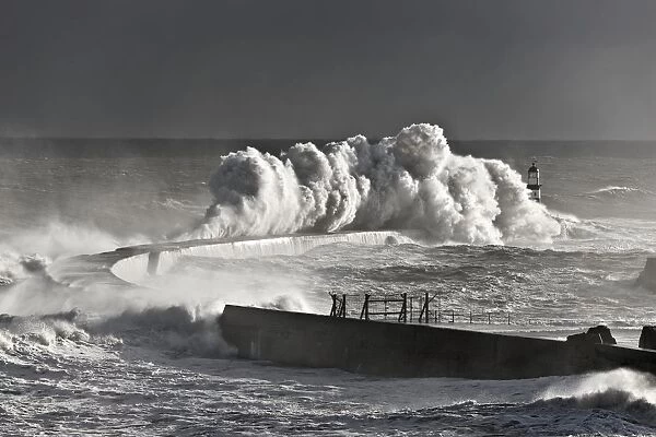 Seaham, England; Stormy Waves Pounding Seawall