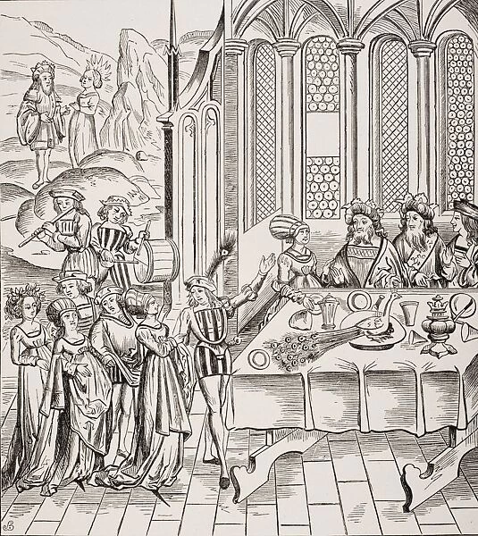 Serving The Peacock At A State Banquet. 19Th Century Copy Of Woodcut In Edition Of Virgil Published In Lyon 1517