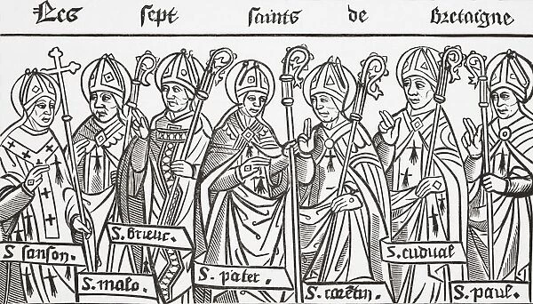 The Seven Saints Of Brittany, From Left To Right, Saint Samson Of Dol, Saint Malo, Saint Brieuc, Saint Patern, Saint Corentin, Saint Tudwal And Saint Pol Aurelian Or Paul Aurelian. From Science And Literature In The Middle Ages By Paul Lacroix Published London 1878
