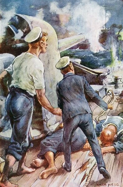Its Shell Struck The German Cruisers Bridge. Illustration By Archibald Webb, From Midshipman Rex Carew, V. C. By John S. Margerison. Published Circa 1920