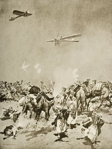 Ships Of The Air Versus Ships Of The Desert: British Aeroplanes Bombing A Senussi Camel Convoy Laden With Ammunition. Drawn By F. De Haenen