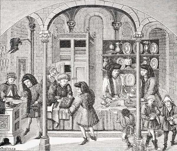 Shops Under Covered Market. Goldsmith, Dealer In Stuffs And Shoemaker. After Miniature In Aristotles Ethics And Politics In 15Th Century Translation By Nicholas Oresme