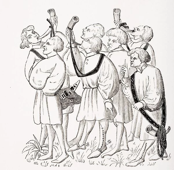 How To Shout And Blow Horns. 19Th Century Reproduction Of 15Th Century Miniature In The Manuscript Of Phoebus