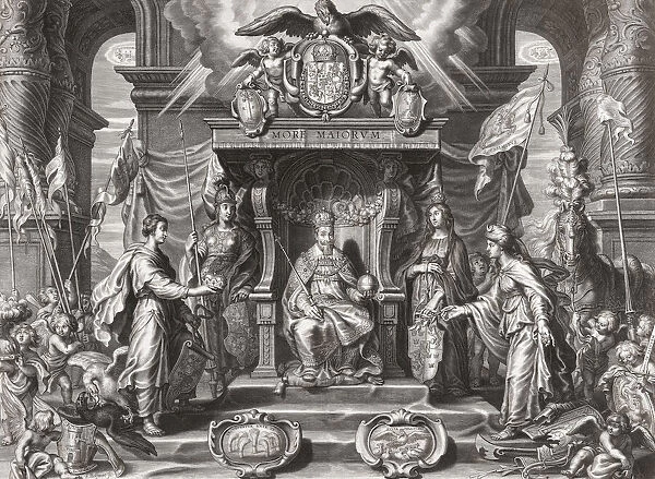 Sigismund III Vasa, 1566 - 1632. King of Poland and Grand Duke of Lithuania 1587 to 1632 and, as Sigismund, King of Sweden and Grand Duke of Finland (1592 to 1599). In the picture he is flanked by personifications of his territories and allies, including Minerva representing Poland and an Ottoman woman with peace branch in hand, a reference to the Polish-Ottoman War of 1620 - 1621. After a 17th century work by Schelte Adamsz. Bolswert