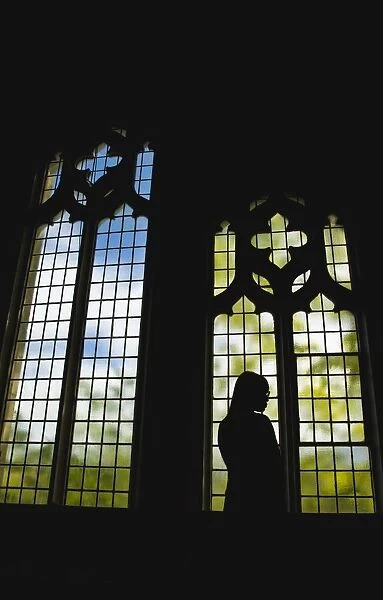 Silhouette Of A Girl Standing By A Stained Glass Window; Vancouver, British Columbia, Canada