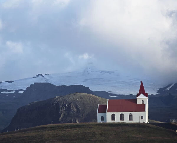 Snaefellsjokull Glacier And Church At Hellisandur-Rif