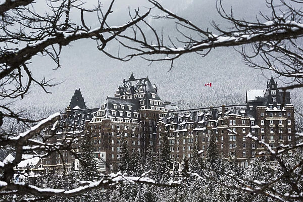 Snow Covered Banff Springs Hotel Framed By Tree Limbs With Snow Covered Trees On Mountain Hillside In The Background; Banff, Alberta, Canada