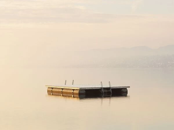 Snow Dusted Pontoon In Lake Zurich At Dawn