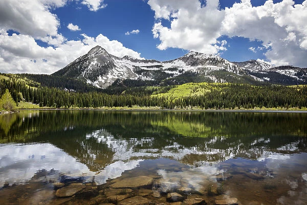 Snowcapped East Beckwith Mountain In The Background Reflected In Lost Lake Slough; Colorado, United States Of America