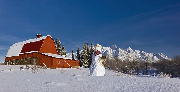 Snowman Dressed Up As A Cowboy Standing In Front Of A Vintage Red Barn, Palmer, Southcentral Alaska, Winter