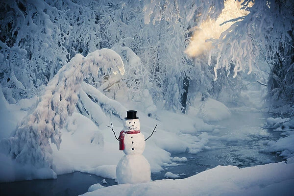 Snowman Standing Next To A Stream With Fog And Hoar Frosted Trees In The Background, Russian Jack Springs Park, Anchorage, Southcentral Alaska, Winter. Digitally Enhanced