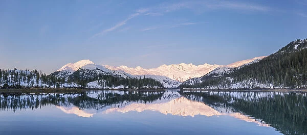 Snowy Scenic Reflected In The Waters Of Harrison Lagoon At Sunrise, Port Wells, Prince William Sound, Chugach National Forest, Southcentral Alaska, Usa