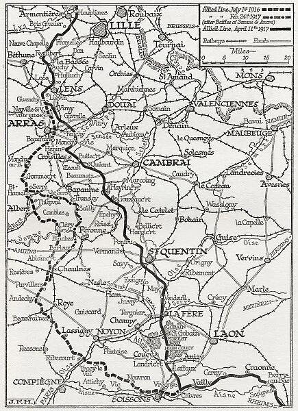 The Somme And The Ancre. Map Shows Lines Occupied By The Allies From July 1916 To April 11, 1917. From The Year 1917 Illustrated, Published London 1918
