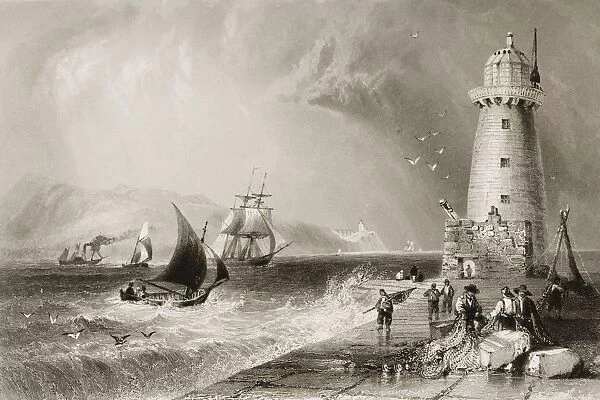 South-Wall Lighthouse With Howth Hill In The Distance, Dublin Bay, Dublin, Ireland. Drawn By W. H. Bartlett, Engraved By J. C. Bentley. From 'The Scenery And Antiquities Of Ireland'By N. P. Willis And J. Stirling Coyne. Illustrated From Drawings By W. H. Bartlett. Published London C. 1841