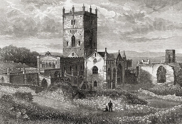 St. Davids cathedral and St. Marys college, St. David s, Pembrokeshire, Wales, seen here in the 19th century. From Welsh Pictures, published 1880