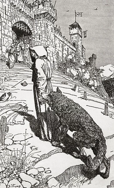 St. Francis brings the wolf to the city. Saint Francis of Assisi, born Giovanni di Pietro di Bernardone, 1181  /  1182 - 1226. Italian Catholic friar, deacon and preacher. He supposedly persuaded a wolf to stop attacking some locals if they agreed to feed the wolf. From The Book of Saints and Heroes, published 1912