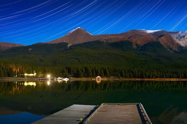 Starry Night Of Mountains And Lake, Maligne Lake, Jasper National Park, Alberta, Canada