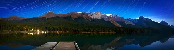 Starry Night Panoramic Of Mountains And Lake, Jasper National Park, Alberta, Canada