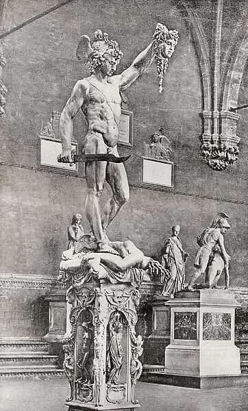 Statue of Perseus with head of Medusa, by Benvenuto Cellini, 1554. According to Greek mythology Perseus beheaded the Gorgon Medusa for Polydectes and saved Andromeda from the sea monster Cetus. From The International Library of Famous Literature, published c. 1900