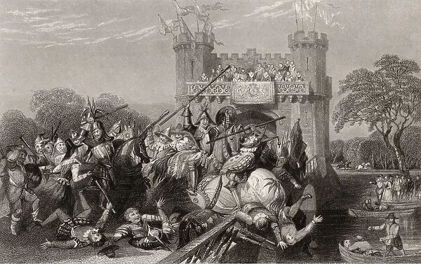 Steel Engraving Of The Mock Battle By T. A. Prior From A Drawing By T. Allom Of A Scene From Scotts Novel Kenilworth