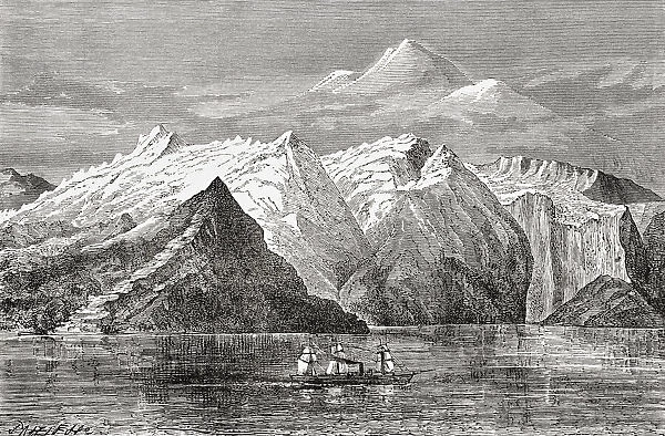 Strait of Magellan, southern Chile, South America, seen here in the 19th century. From A Voyage Round the World in 500 Days, published 1879