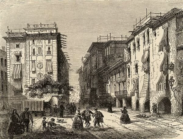 Street In Barcelona, Spain. From The Book Spanish Pictures By The Rev Samuel Manning, Published 1870
