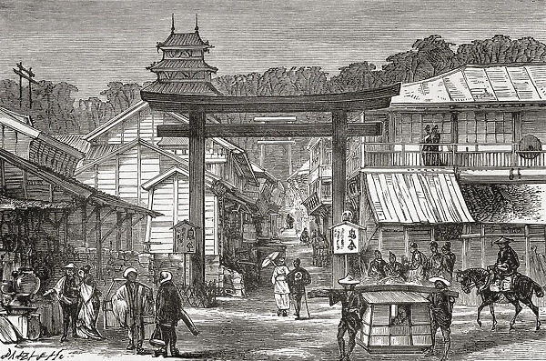 A street in Japan, seen here in the 19th century. From A Voyage Round the World in 500 Days, published 1879