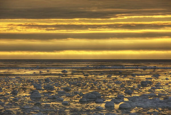 Sunrise over an ice filled bay of hudsons bay; Manitoba canada