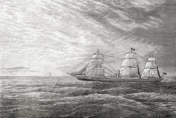 Sunrise in the Pacific - the steamship used by G. Sutherland Dodman during his voyage round the world in 1879. From A Voyage Round the World in 500 Days, published 1879