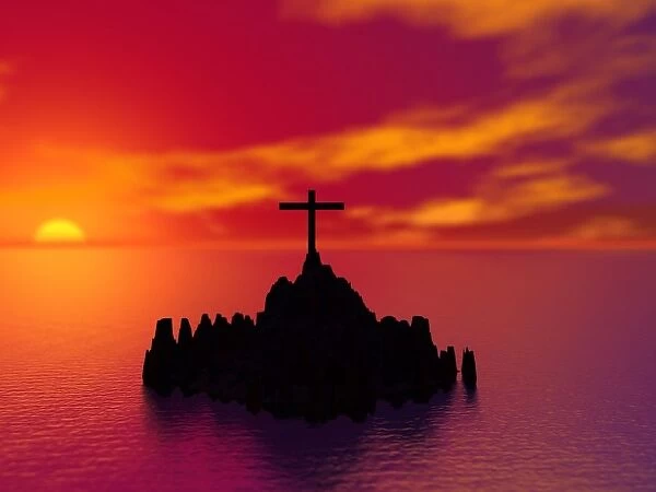 Sunset On A Cross On Rocks In The Middle Of A Lake