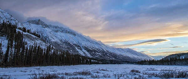 Sunset over the Grey Ridge mountains above Annie Lake, Yukon, Canada