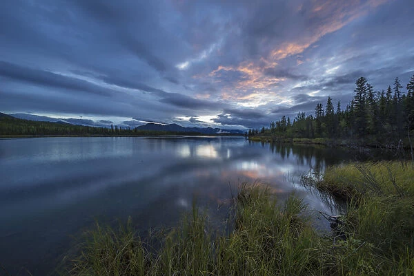Sunset Lights Up A Swath Of Clouds Over Jackfish Lake; Yukon, Canada