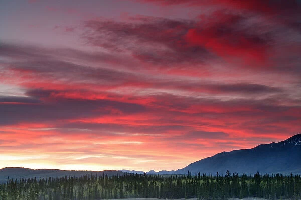 Sunset Over Mountains Along The Alaska Highway Outside Whitehorse, Yukon