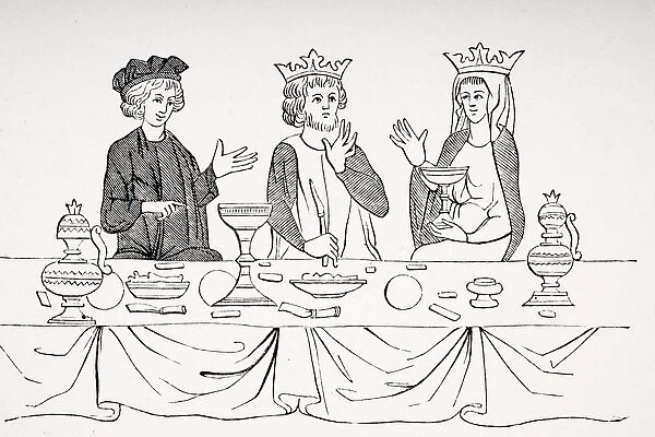 The Table Of A Baron As Laid Out In The 13Th Century. 19Th Century Reproduction Of Miniature From Histoire De St. Graal
